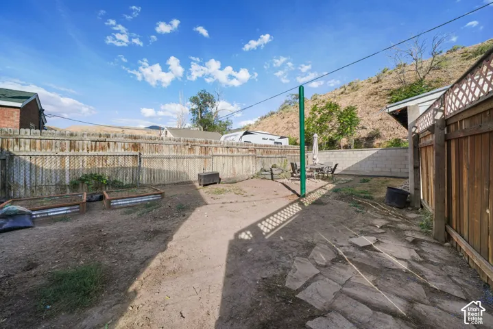 Private backyard featuring wood fencing and a concrete block wall