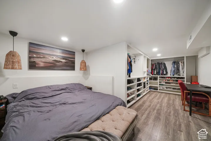 Recessed ceiling lighting, wood-look flooring, and built-in closet organization system