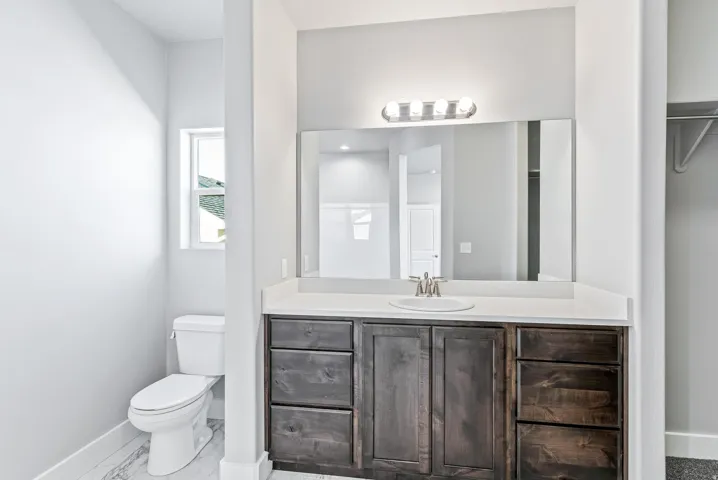 Dark wood-finish vanity with ample storage