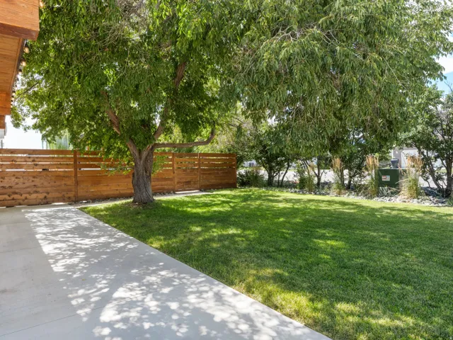 Expansive lawn with mature trees, a concrete pathway, and horizontal wood fencing