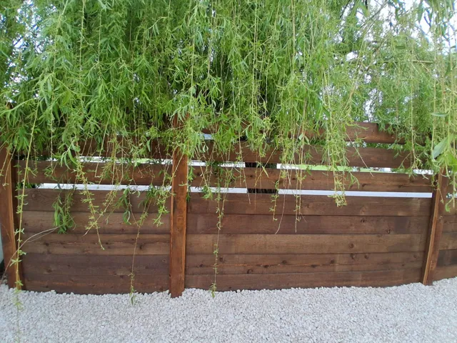 Wood-panel fencing with horizontal slats, white gravel ground cover, and mature foliage