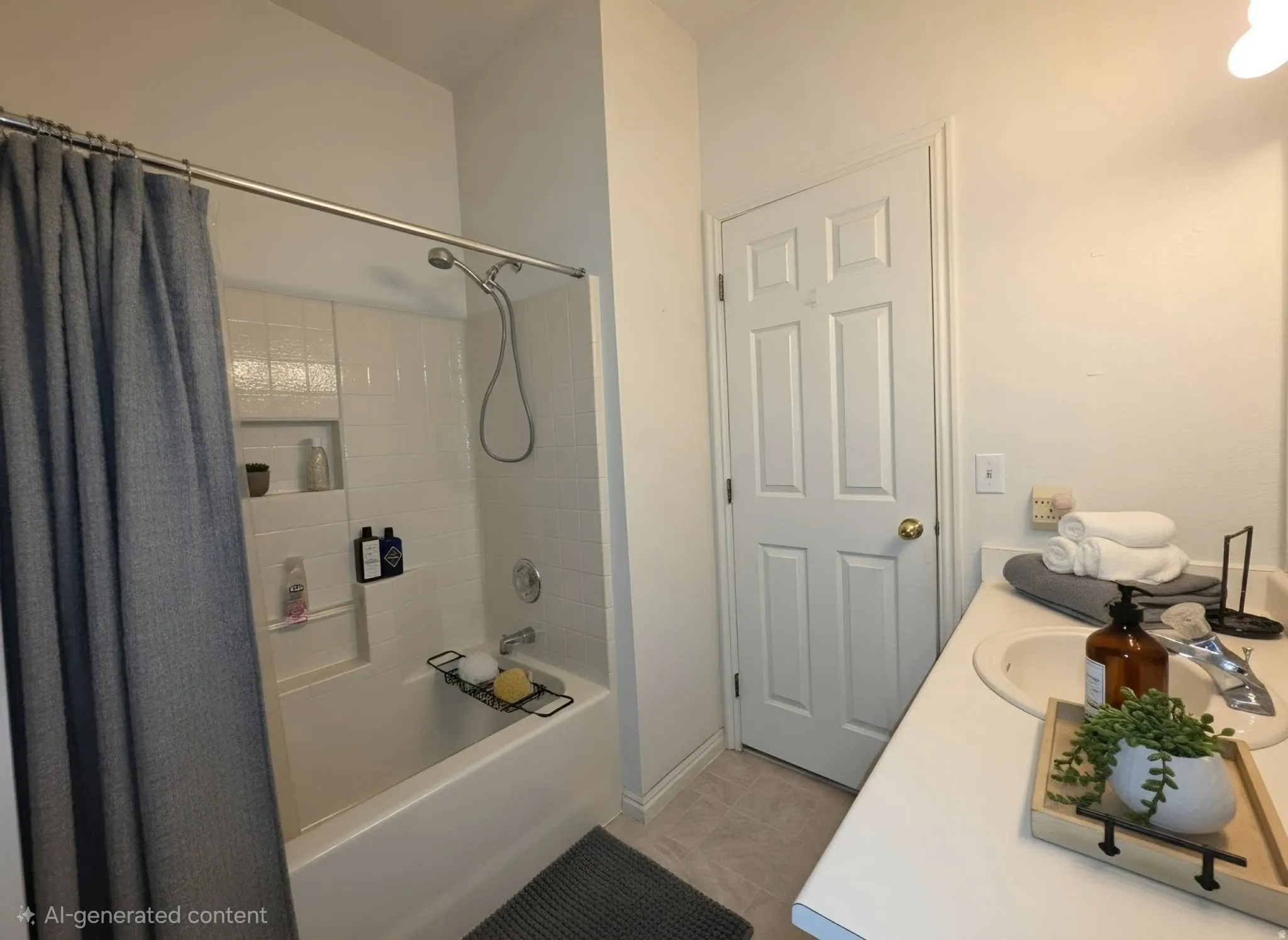 White tile bathtub/shower combination with a built-in niche