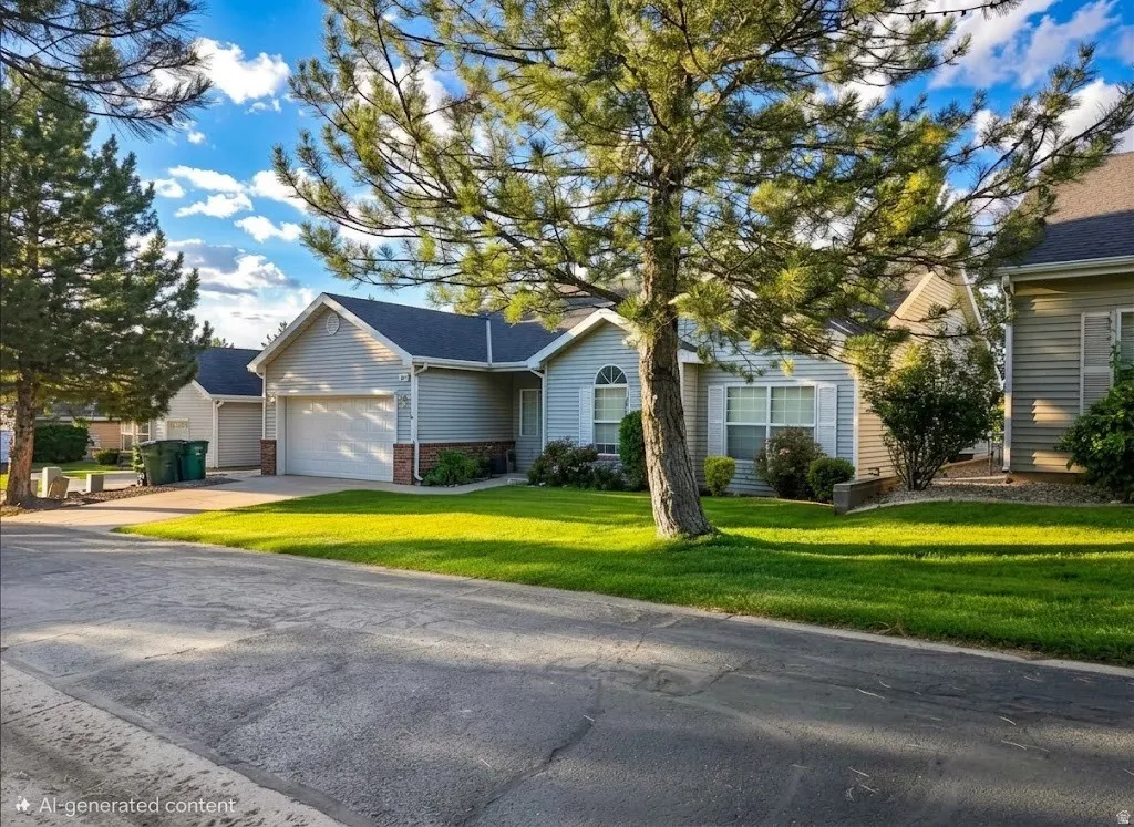 Single-story residence featuring light-colored siding, an attached garage, brick accent skirting, and a manicured lawn