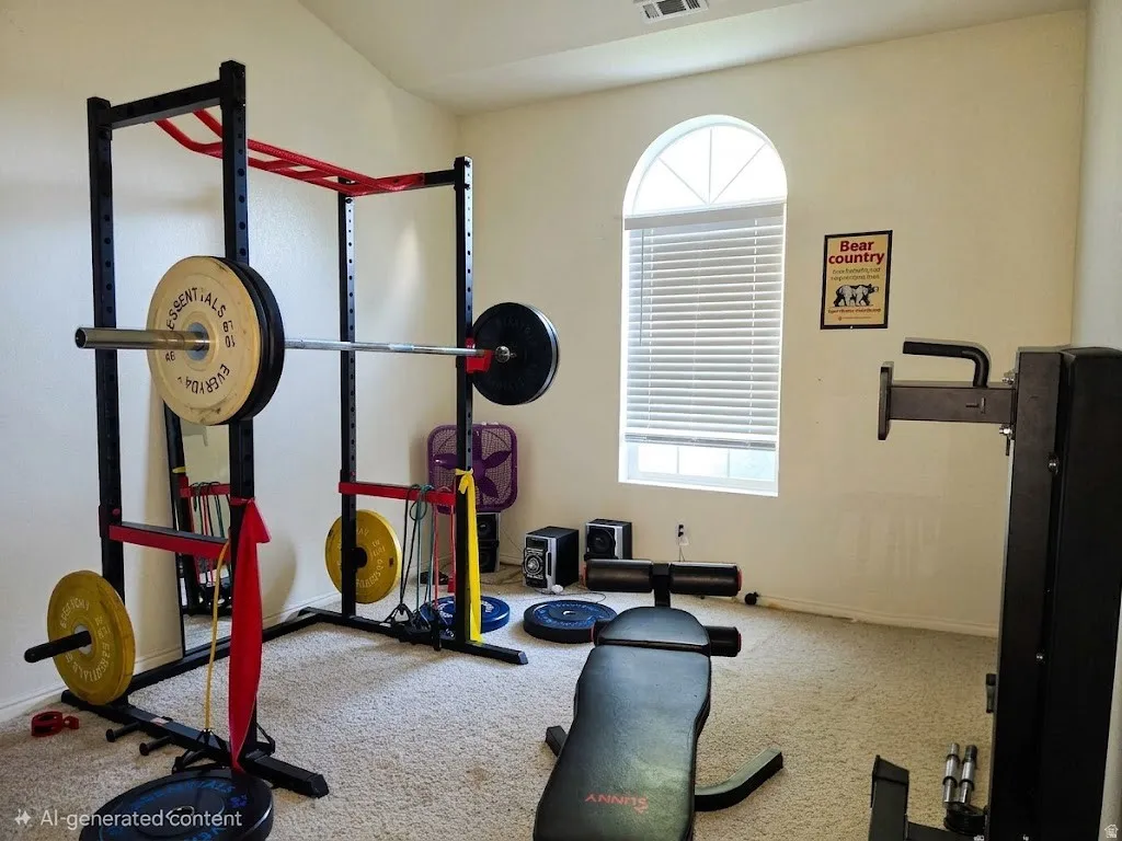Arched top window with horizontal blinds, textured carpet flooring, and vaulted ceiling