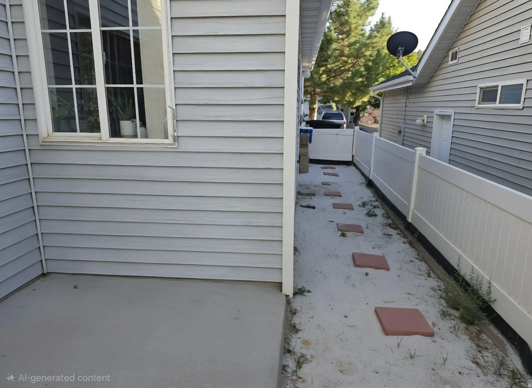 Siding exterior with a white-framed window, concrete patio, stepping stone pathway, and privacy fencing