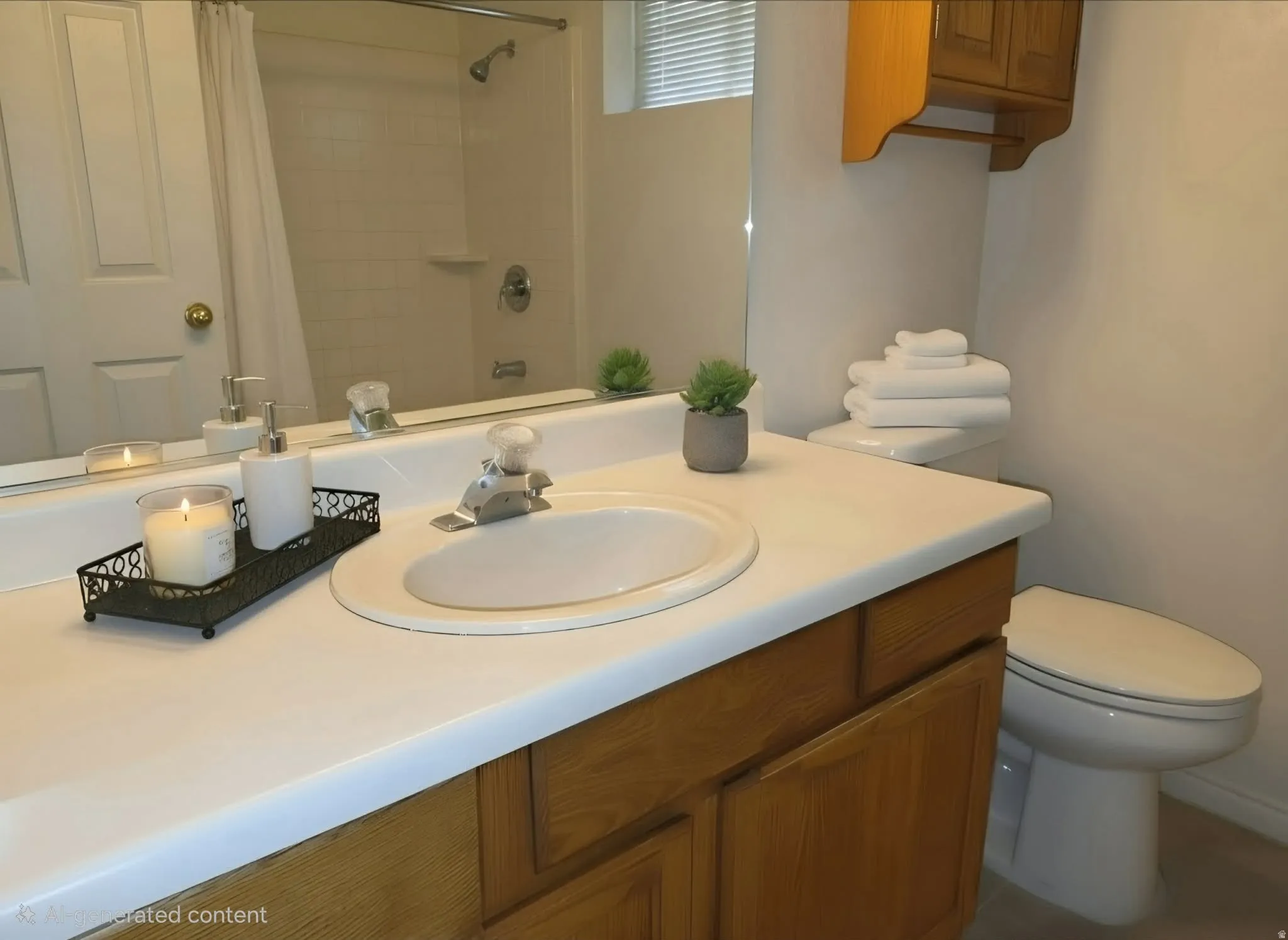 Vanity with wood-finish cabinetry, white countertop, and integrated sink