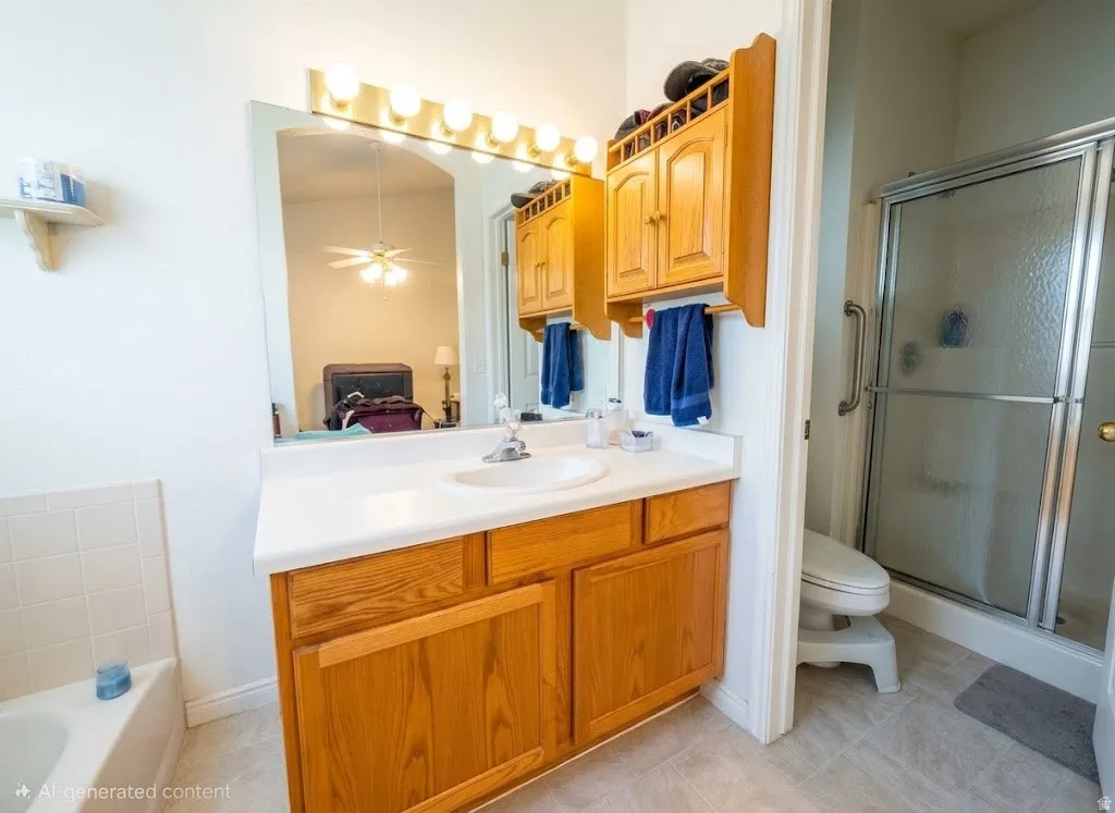 Bathroom featuring a single vanity with wood-finish cabinetry, a large mirror, overhead lighting, a built-in shower with a sliding glass door, and a separate bathtub with tile surround