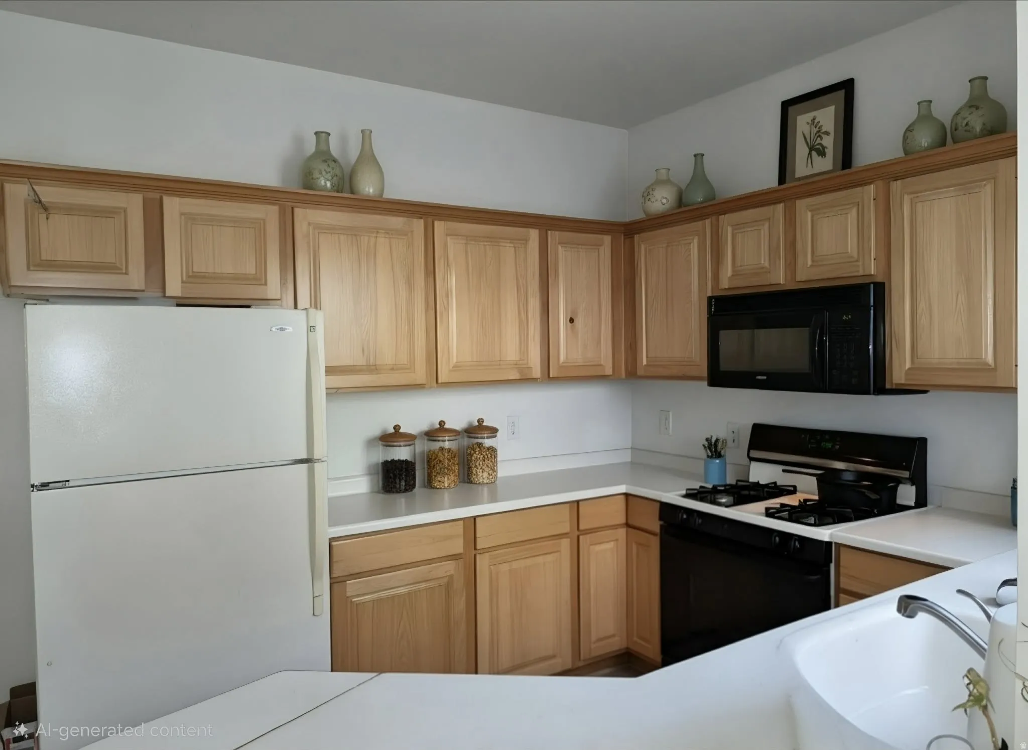 Full kitchen featuring wood-finish cabinetry, white countertops, a built-in microwave, and a black gas range