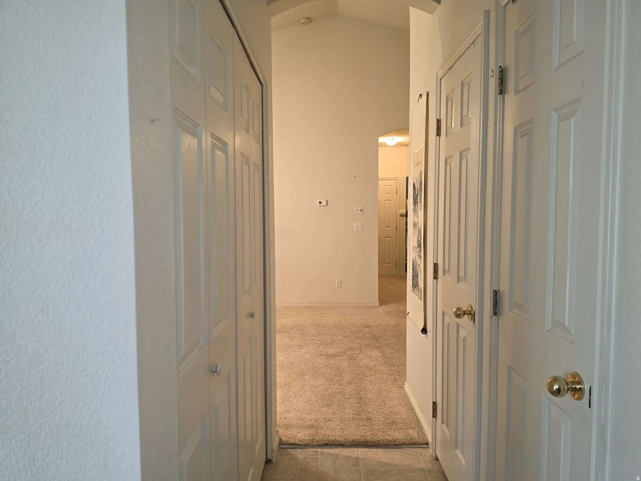 Hallway with paneled doors, neutral carpeting, and vaulted ceiling