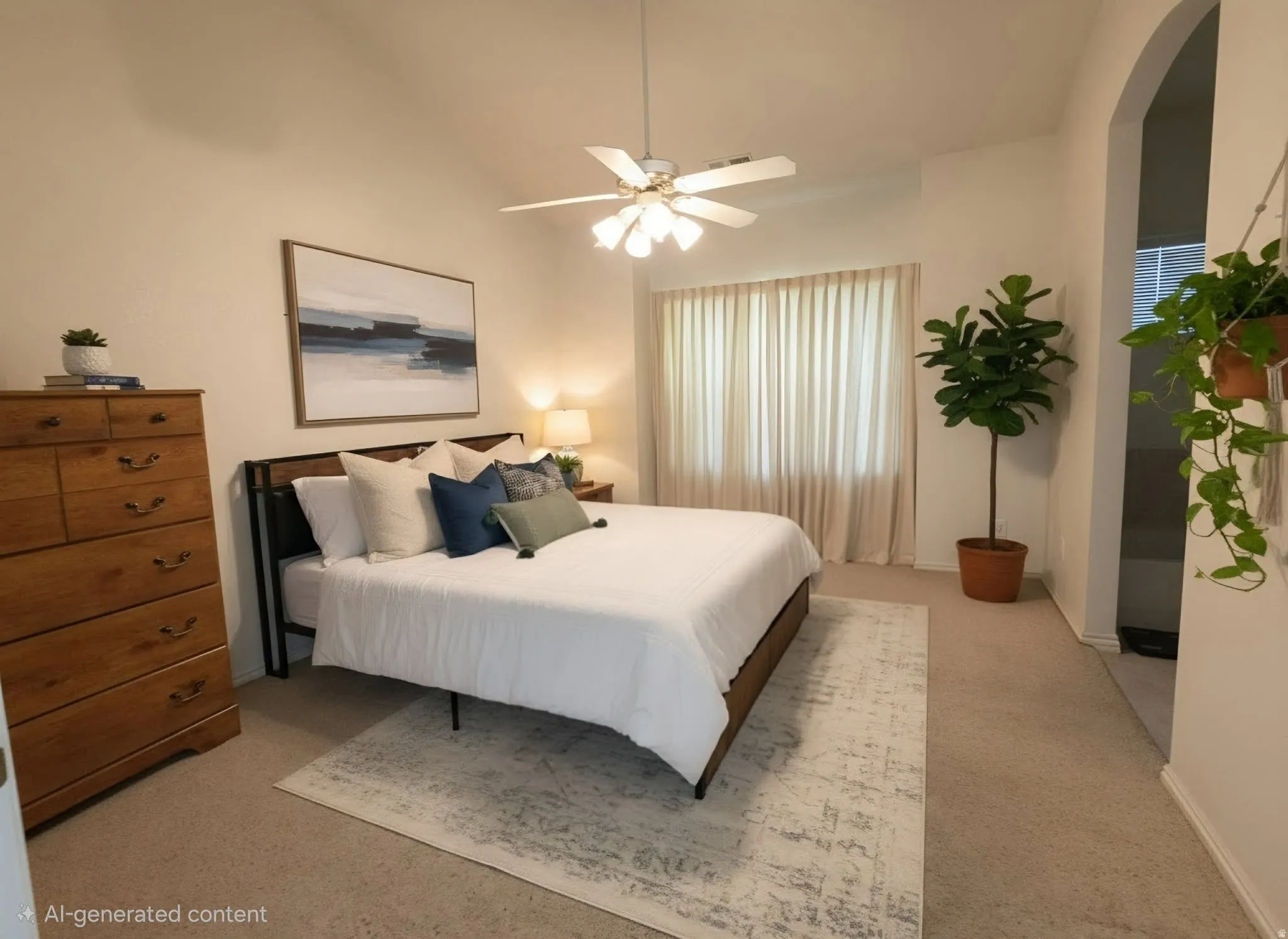 Vaulted ceiling with a ceiling fan