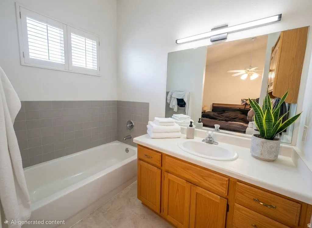 White bathtub with gray subway tile surround and privacy window shutters