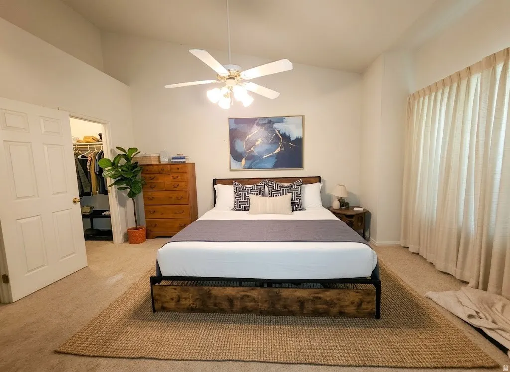 Vaulted ceiling with ceiling fan, wall-to-wall carpeting, window with drapery, and a walk-in closet with built-in shelving