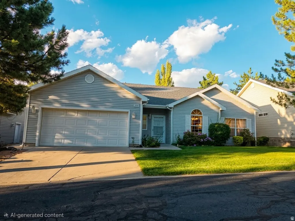 Gray siding exterior with an attached garage, arched window, and mature landscaping
