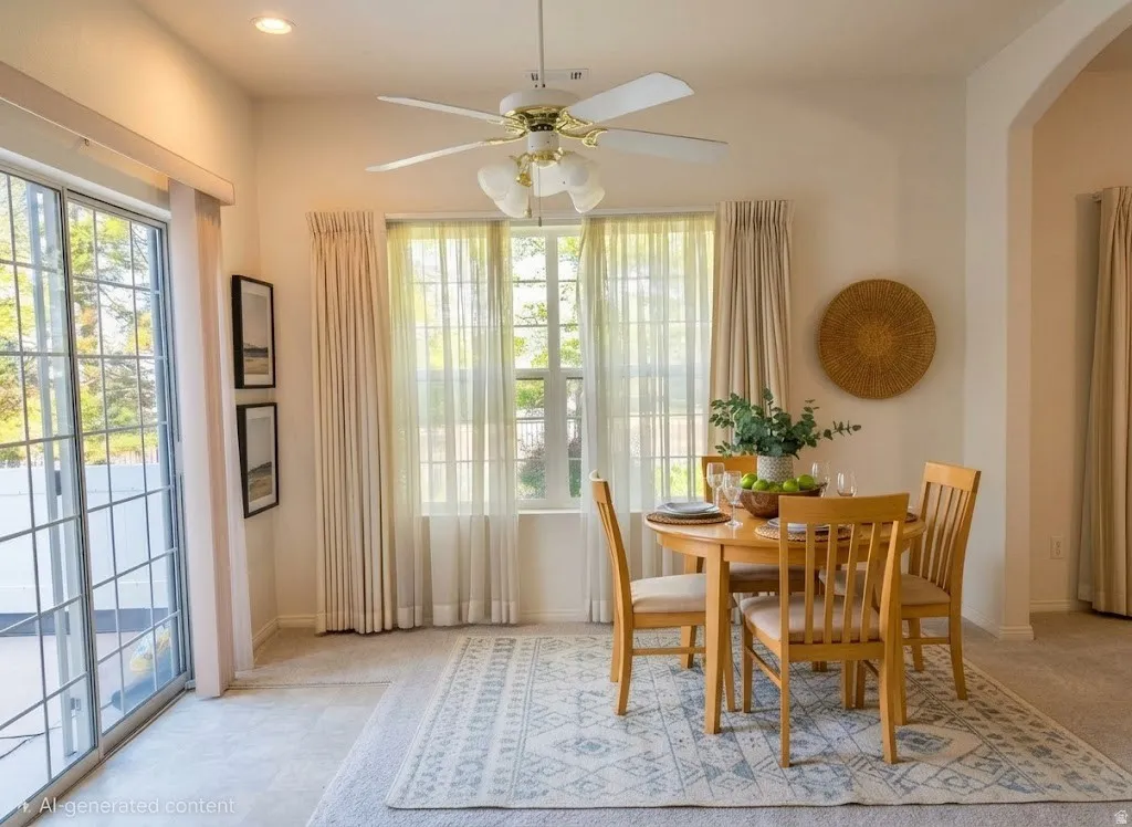 Sliding glass door, recessed lighting, ceiling fan, arched doorway, and window with natural light