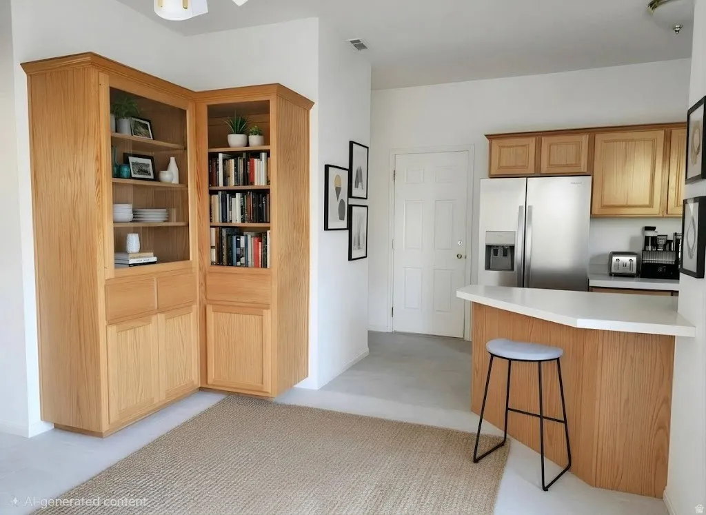 Built-in corner cabinetry with glass-front display, wood-finish lower cabinets, stainless steel refrigerator, and a kitchen island with a white countertop