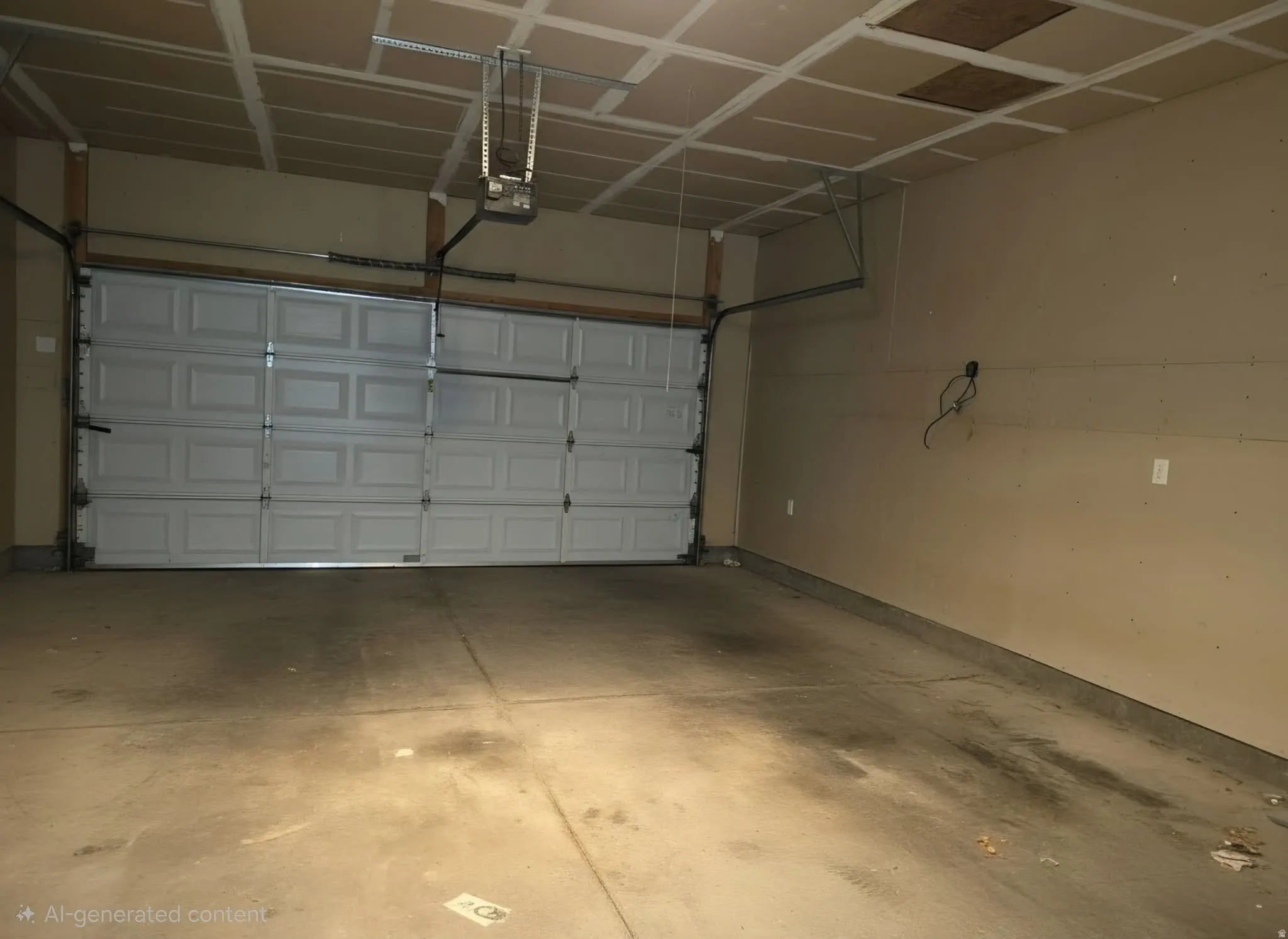 Two-car garage with a paneled overhead door, concrete flooring, and exposed ceiling joists