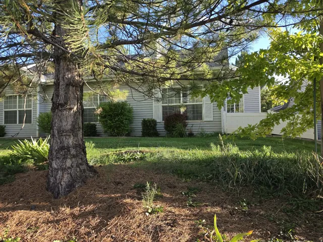 Siding exterior with multiple windows, featuring mature trees and established landscaping