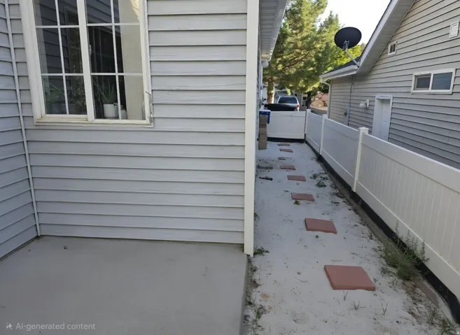 Siding exterior with a white-framed window, concrete patio, stepping stone pathway, and privacy fencing