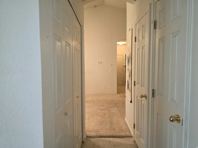 Hallway with paneled doors, neutral carpeting, and vaulted ceiling
