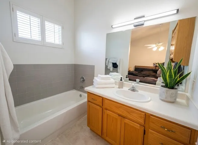 White bathtub with gray subway tile surround and privacy window shutters