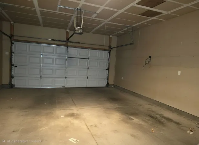 Two-car garage with a paneled overhead door, concrete flooring, and exposed ceiling joists