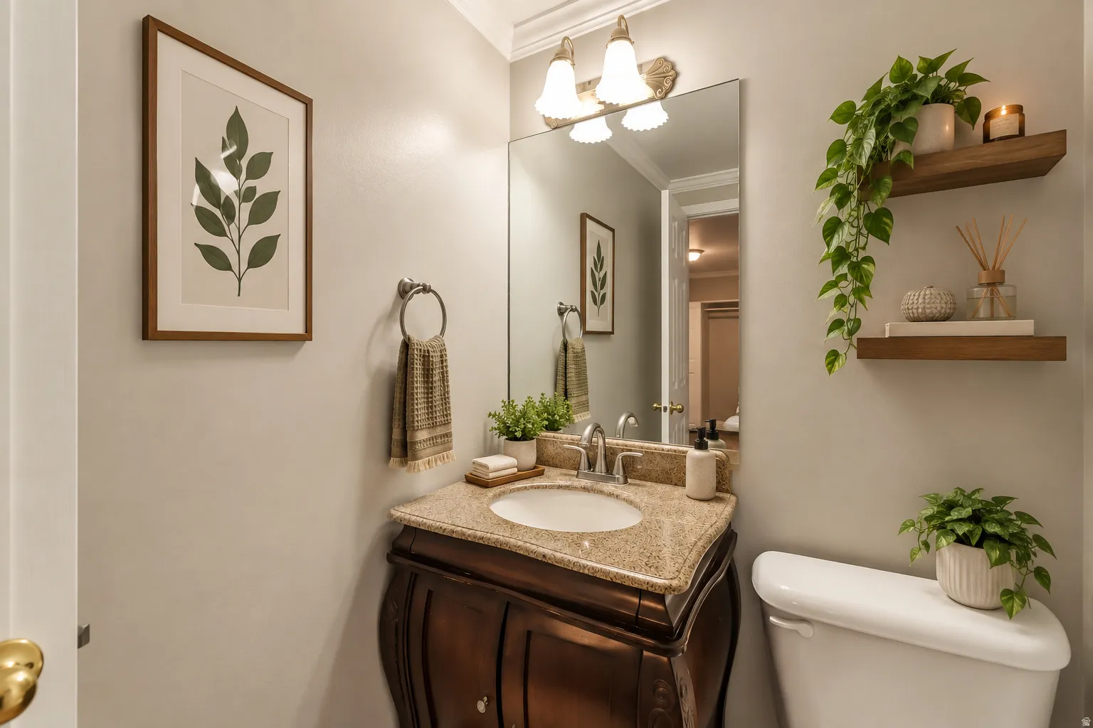 Vanity with a granite-style countertop, undermount sink, and polished chrome faucet