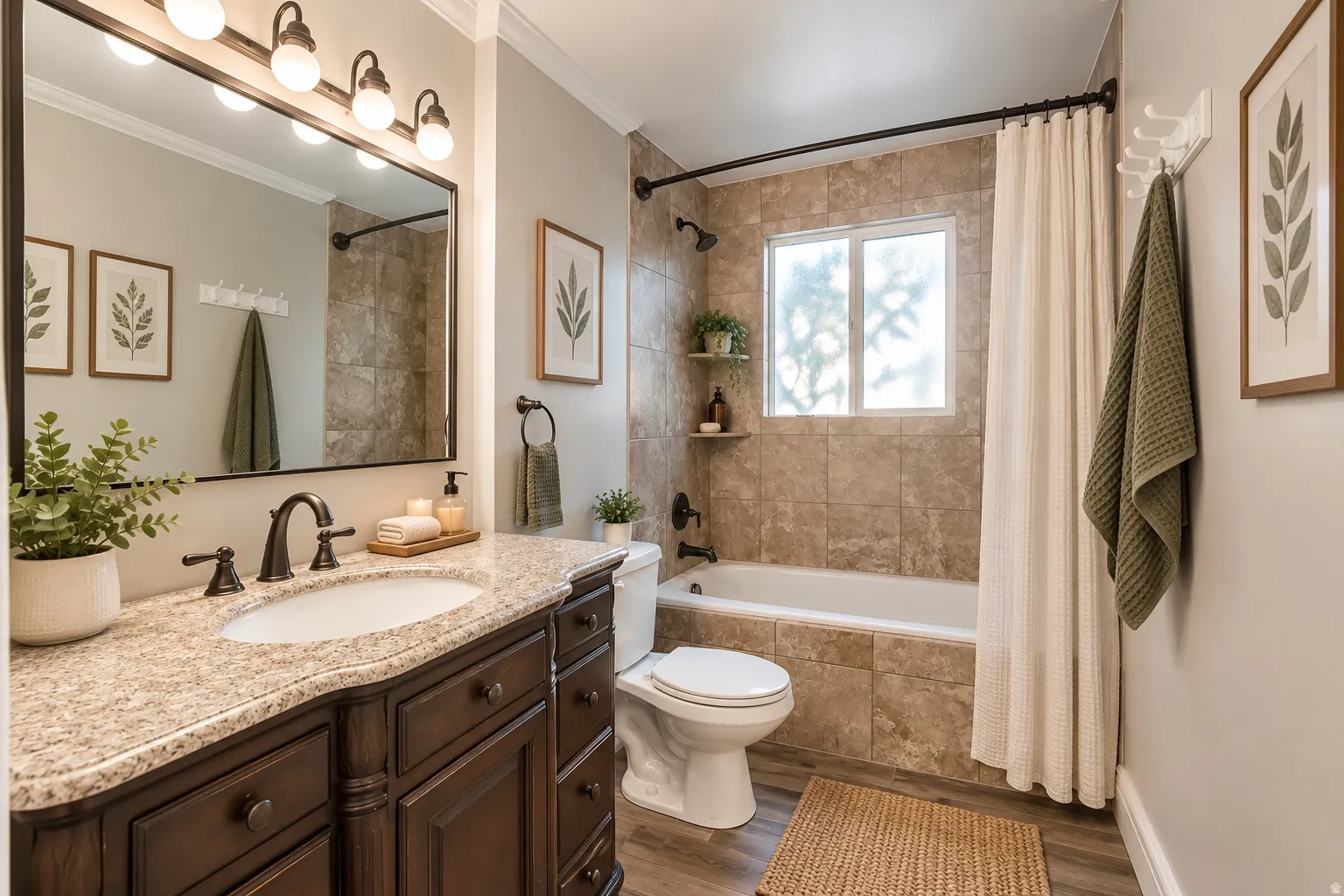Main bathroom featuring a vanity with an undermount sink, granite countertop, and dark wood cabinetry