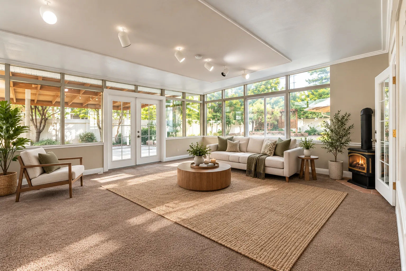 Spacious sunroom/family room featuring extensive window-lines, French doors, track lighting, and a standalone fireplace