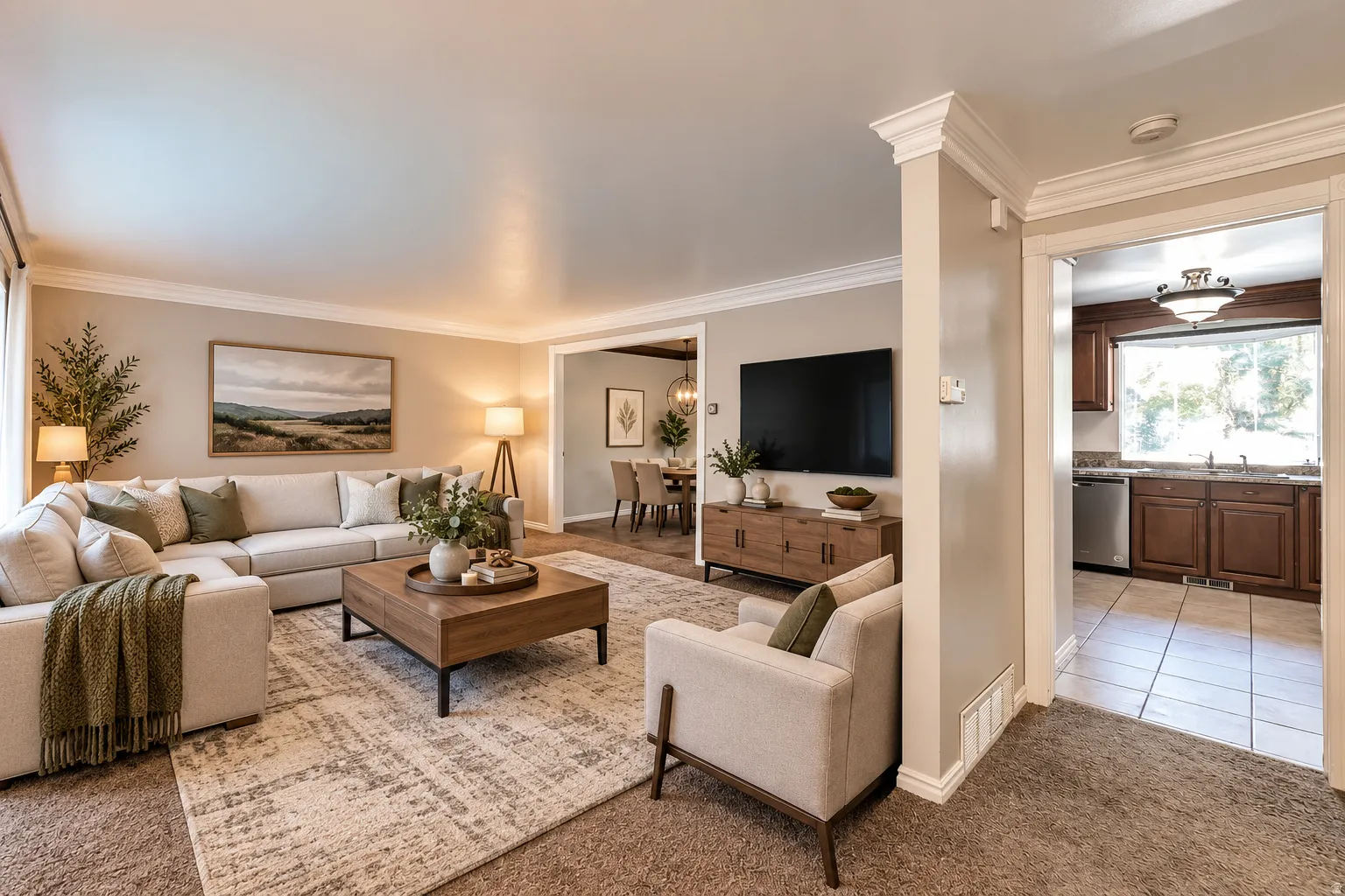 Living room featuring crown molding, neutral wall tones, and recessed lighting
