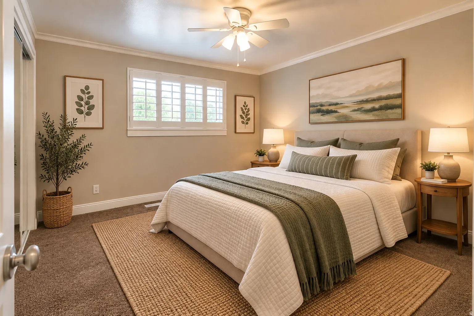 Primary bedroom featuring white plantation shutters, crown molding, ceiling fan, and carpeted flooring