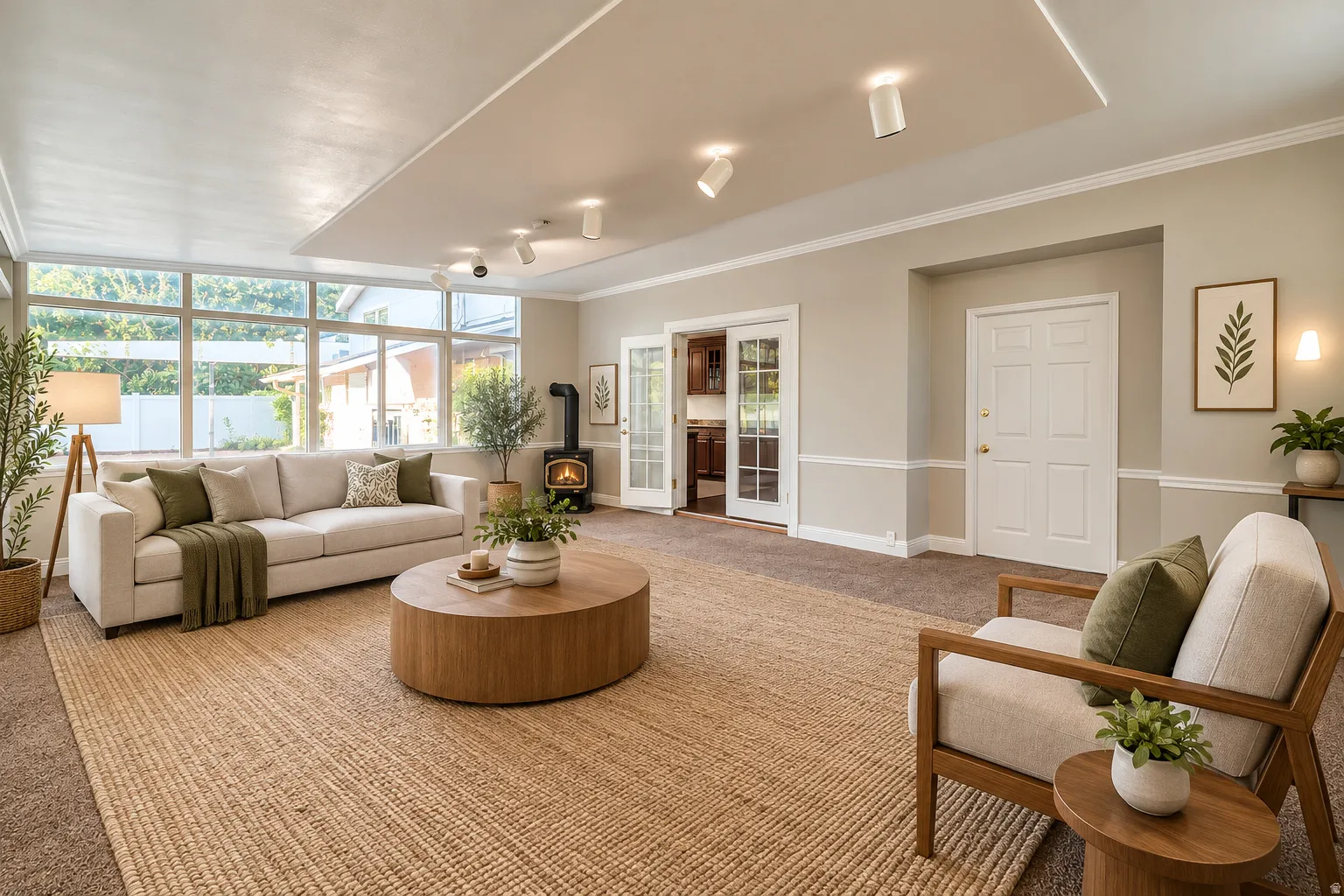 Expansive sunroom/living room with large windows, wood-burning stove, recessed lighting, and crown molding