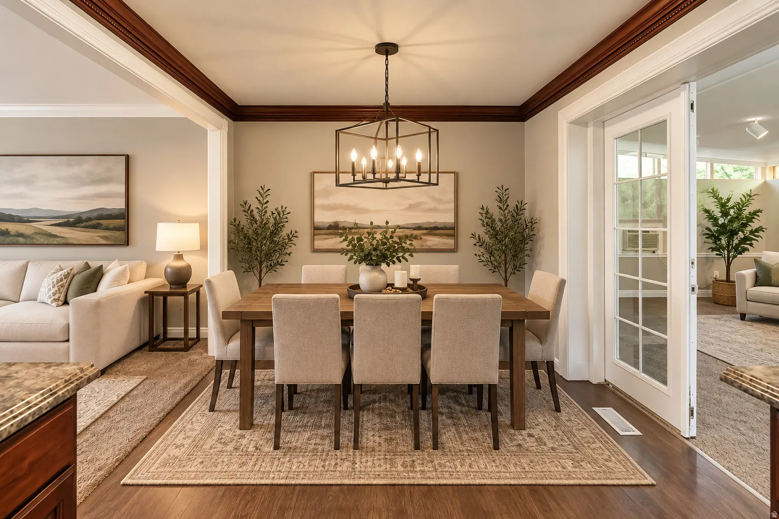 Dining area featuring wood-finish flooring, a linear chandelier, and a decorative ceiling trim