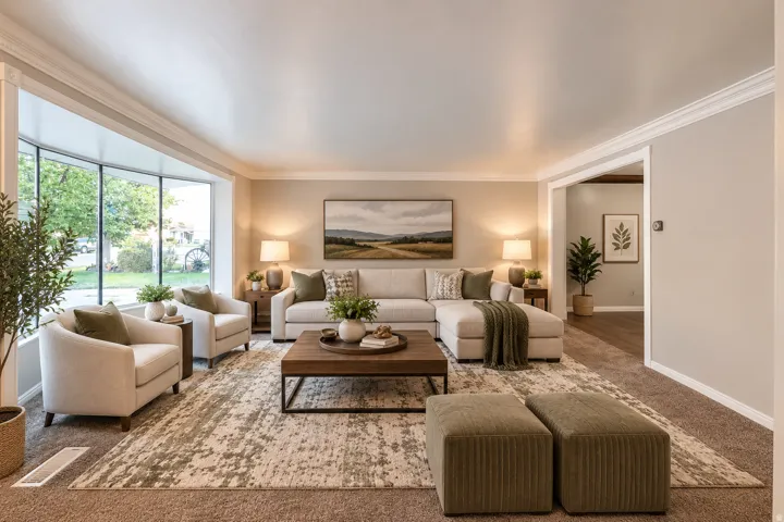 Curved bay window, crown molding, cased opening, recessed lighting, and neutral wall tones