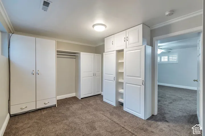 Built-in white cabinetry, open shelving, and a hanging clothes rod for storage