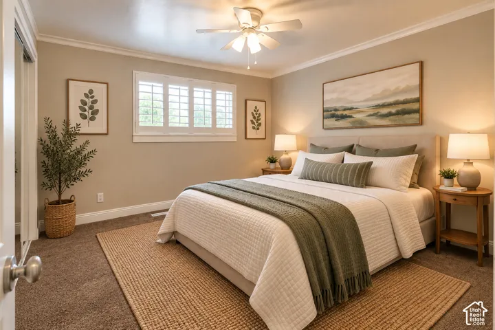 Primary bedroom featuring white plantation shutters, crown molding, ceiling fan, and carpeted flooring