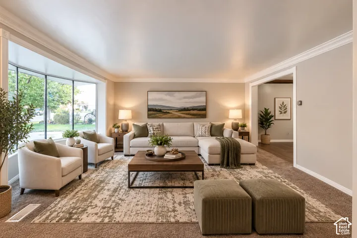 Curved bay window, crown molding, cased opening, recessed lighting, and neutral wall tones