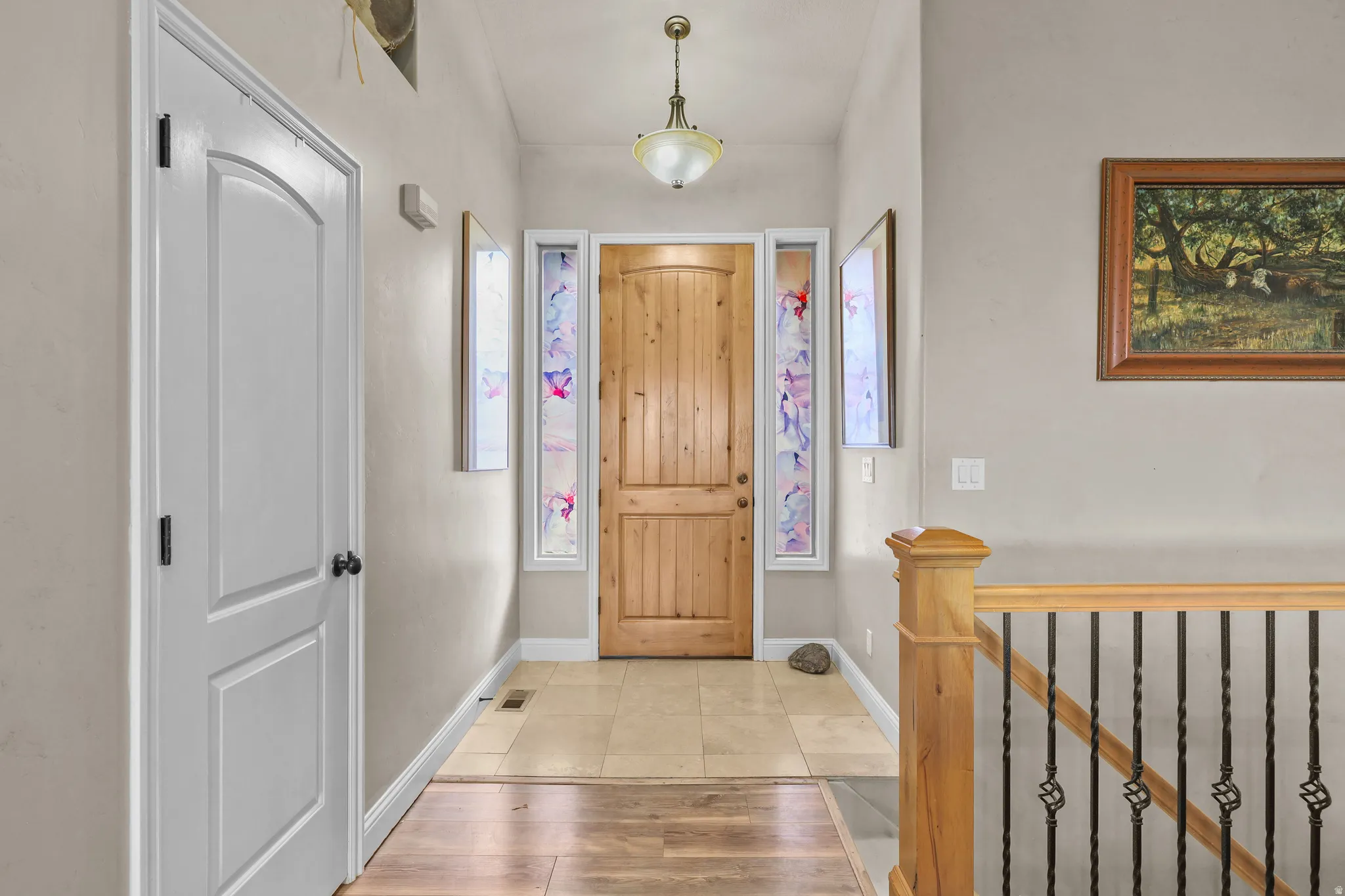 Entryway featuring a wood-panel door, decorative sidelights, and a ceiling-mounted light fixture