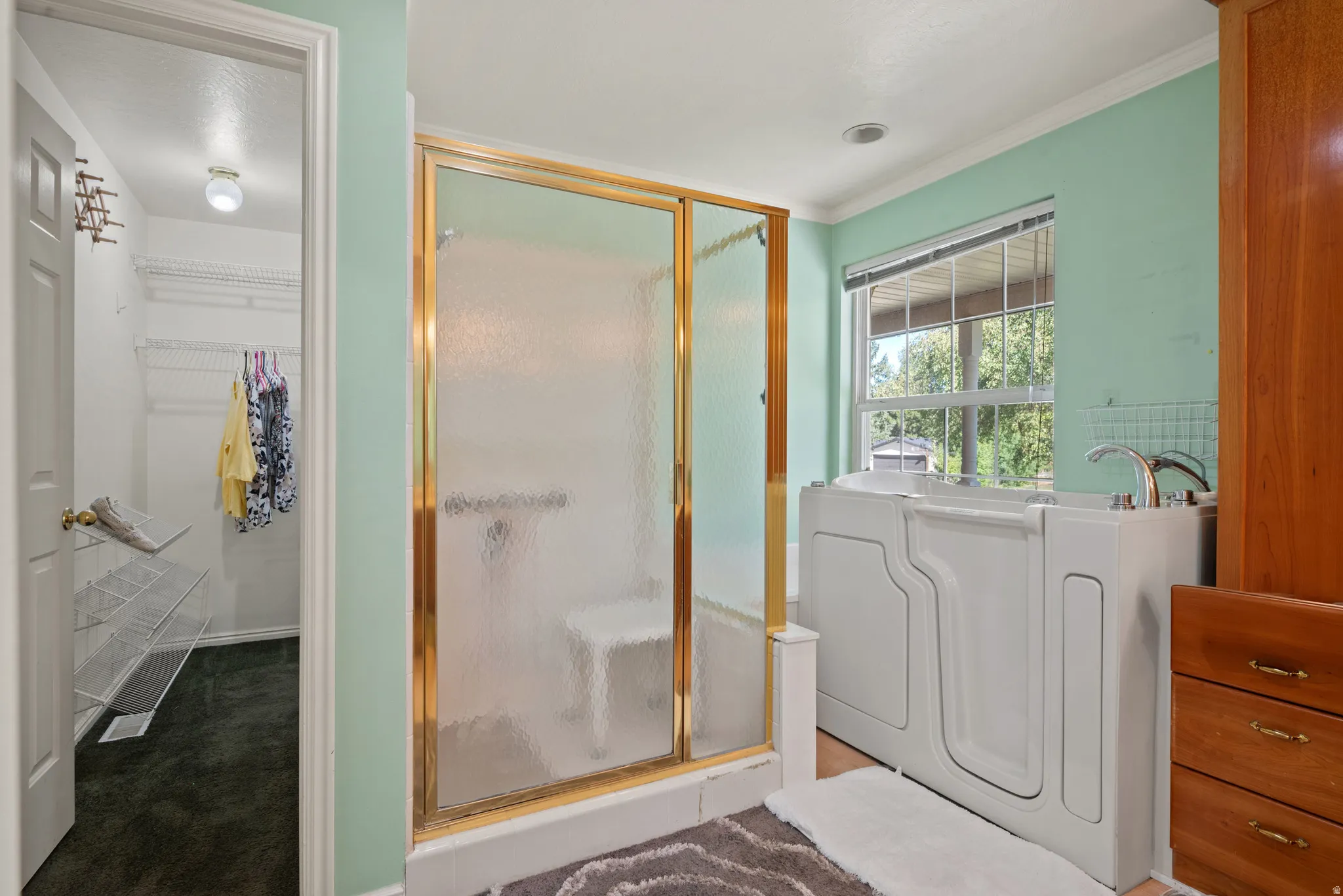 Walk-in bathtub, glass-enclosed shower with gold-tone frame, recessed lighting, and a window with blinds