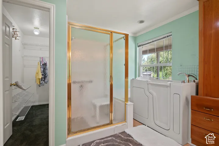 Walk-in bathtub, glass-enclosed shower with gold-tone frame, recessed lighting, and a window with blinds