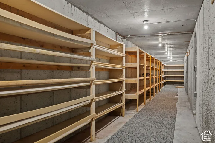 Expansive basement storage area featuring concrete block walls, overhead lighting, and abundant wood shelving