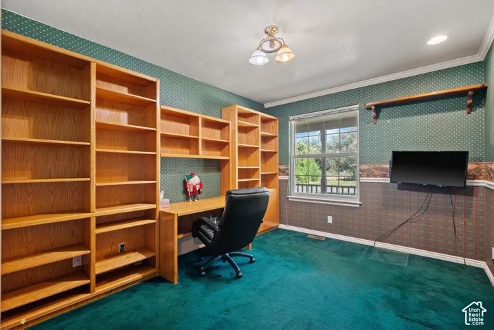 Built-in wood-finish shelving and desk unit