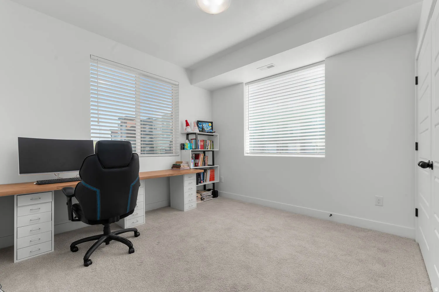 Bright room featuring two windows with blinds, neutral carpeting, light-colored walls, and a white paneled door with black hardware