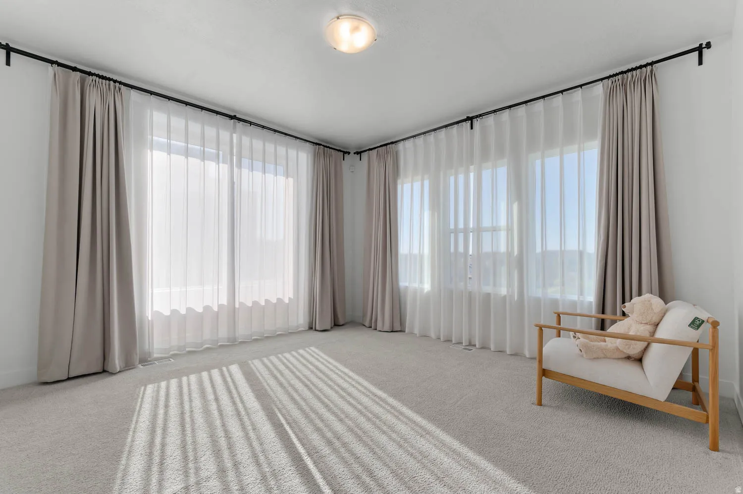Wall-to-wall carpeting with natural light, expansive window treatments, and a ceiling-mounted light fixture