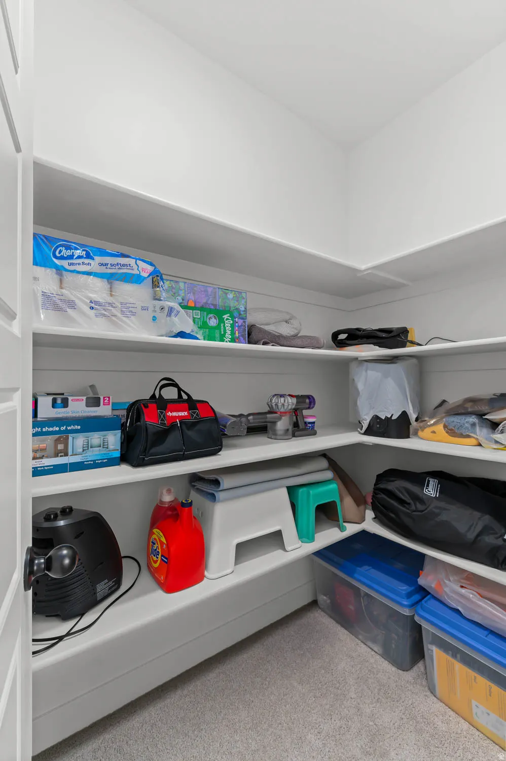 Walk-in closet featuring white built-in shelving, white walls, and a light-colored carpeted floor