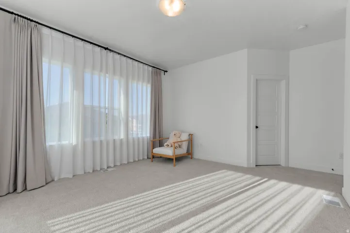 Expansive room featuring light-toned carpeting and white walls