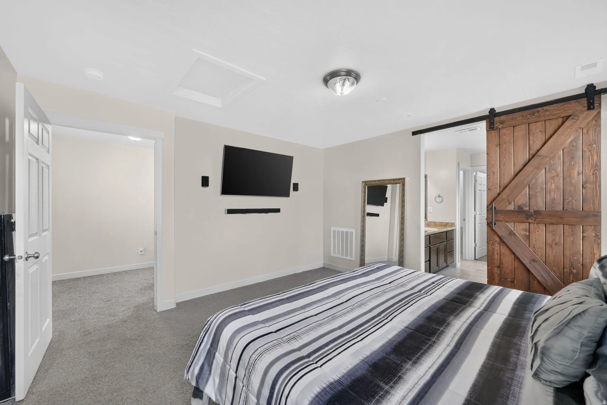 Sliding barn door entry, ceiling-mounted light fixture, and carpeted flooring