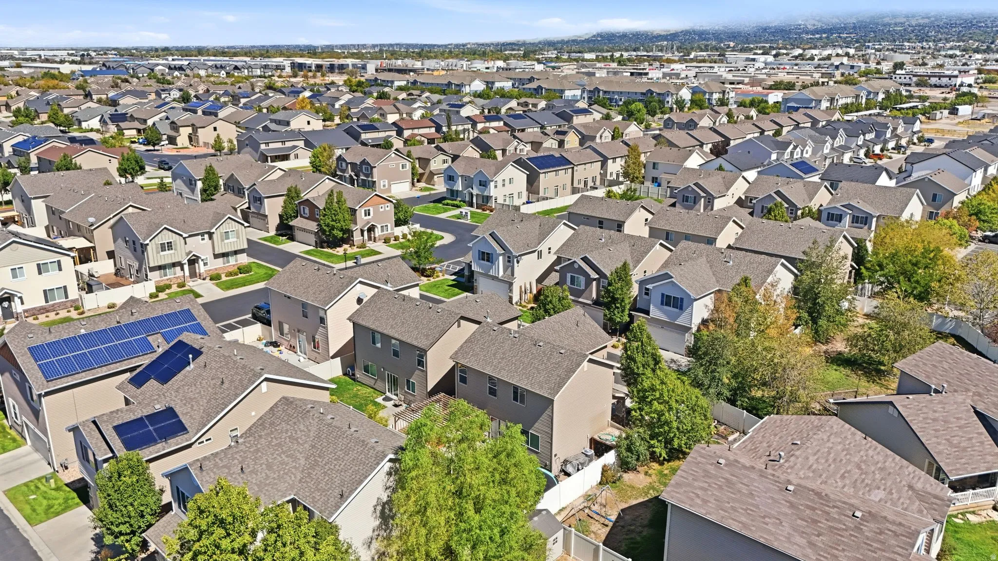 Residential neighborhood with varied rooflines and mature landscaping