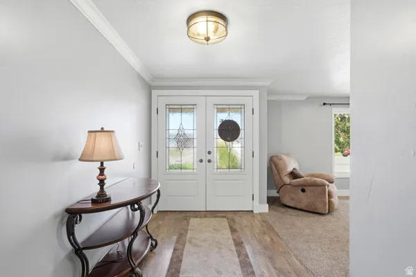 Double entry doors with decorative glass panels, crown molding, a flush-mount ceiling light fixture, and wood-finish flooring