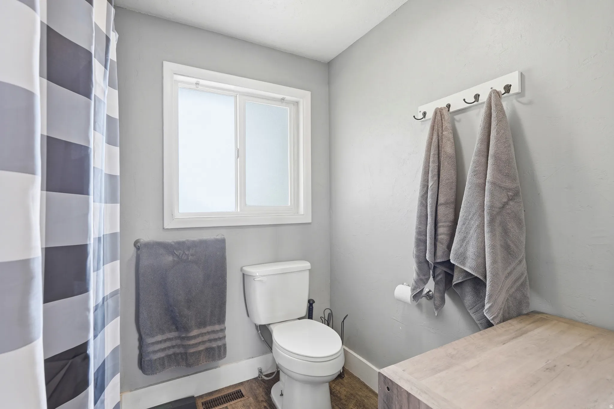 Frosted-pane window, wood-finish flooring, white wall-mounted coat rack, built-in toilet, and light gray wall paint