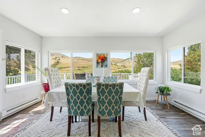 Recessed lighting, white walls, multiple windows, wood-finish flooring, and baseboard heating